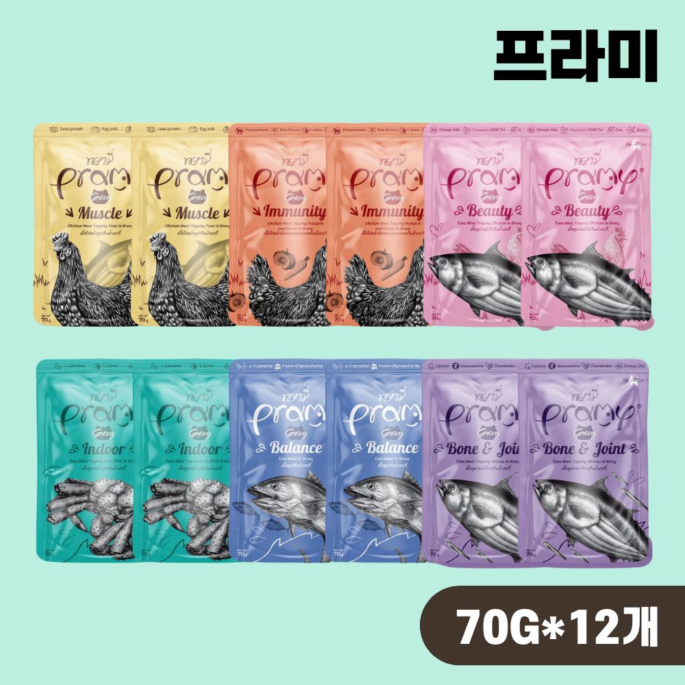 프라미 파우치 고양이 습식 간식 그레이비 6종 콤보, 70g, 12개 - 상품 이미지