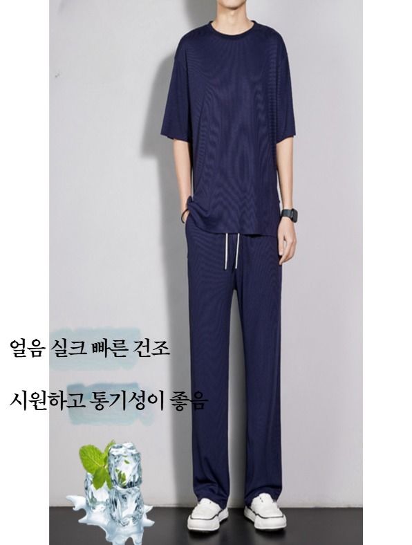 남성 플리츠 셋업 여름 아이스실크 빅사이즈 캐주얼 투피스 세트 주름 티셔츠 팬츠 상하의 - 상세 이미지 2