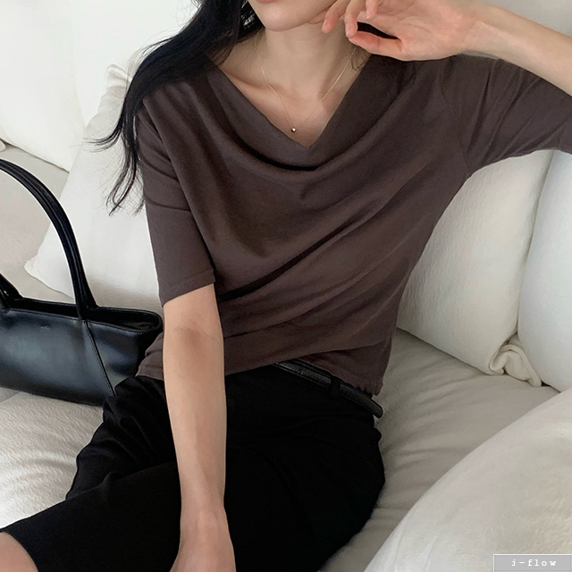오아링 드레이프넥 5부소매 티셔츠 4col 여름 기본핏 셔링 훌 보트넥 제이플로우 - 상품 이미지