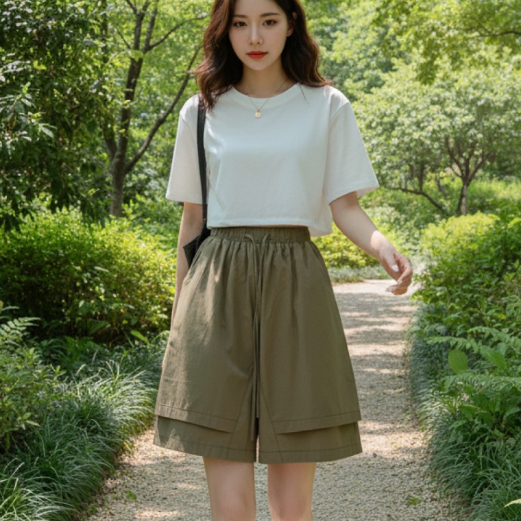 여자 여름 시원한 바스락바지 쿨링 밴딩 고무줄 와이드 반바지 키작녀 팬츠 - 상품 이미지