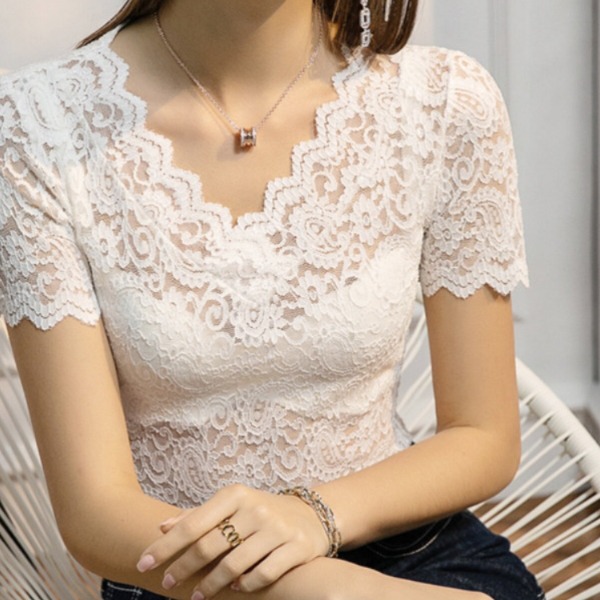 브이넥 플라워 레이스 반팔티 시스루 슬림핏 화이트 이너 블라우스 블랙 - 상세 이미지 2