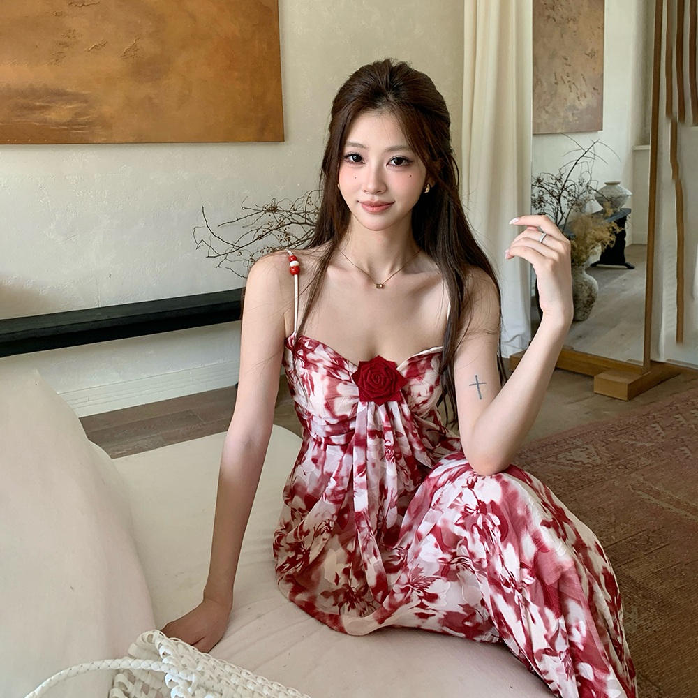 여름 플라워 롱원피스 브이넥 끈나시 휴양지 바캉스룩 - 상세 이미지 3