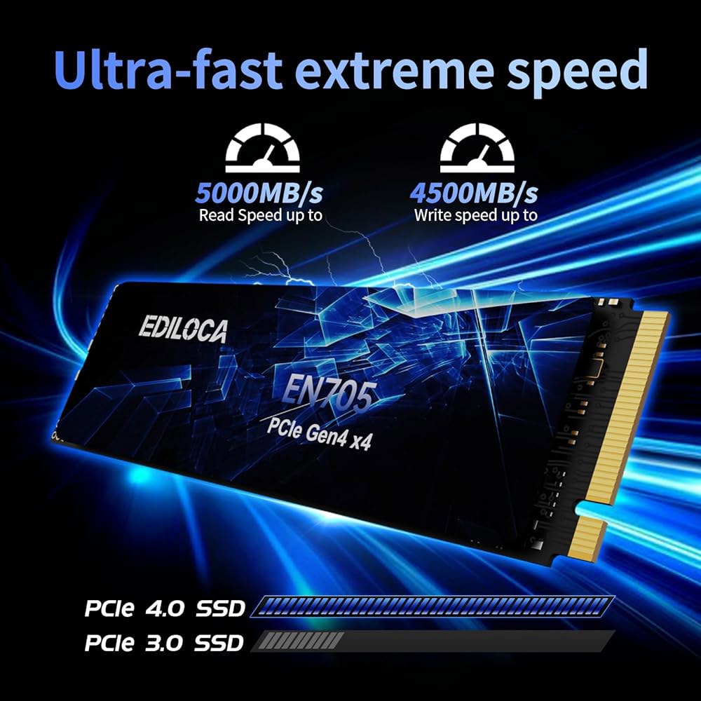 Ediloca 1TB SSD NVMe M.2 2280 PCIe Gen4 x4 내장 솔리드 스테이트 드라이브 - 최대 5000MB/s, PS5 다이내믹 SLC 캐시, 게임용 PC - 상세 이미지 2