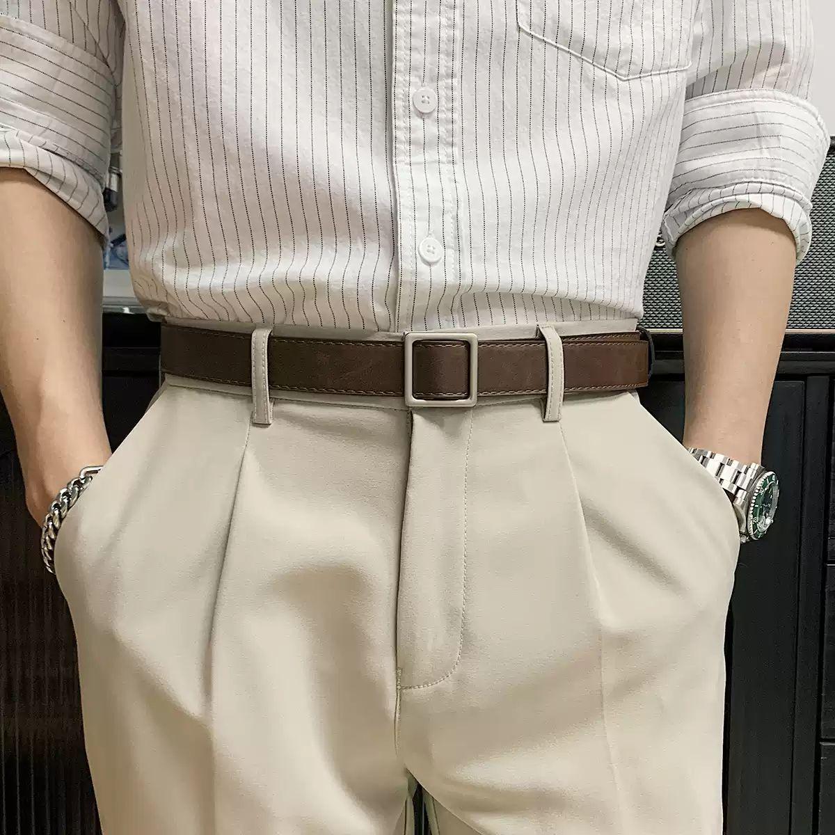 남성 가죽 무공 디자인 캐주얼 정장 허리띠 커피 105cm - 상세 이미지 5