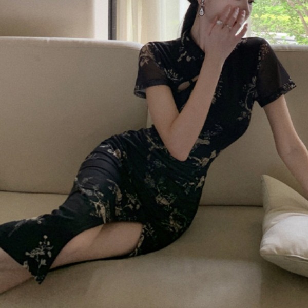 슬림핏 치파오 파티룩 옆트임 반팔 하객룩 컨셉촬영 의상 사진 색상 S - 상세 이미지 3