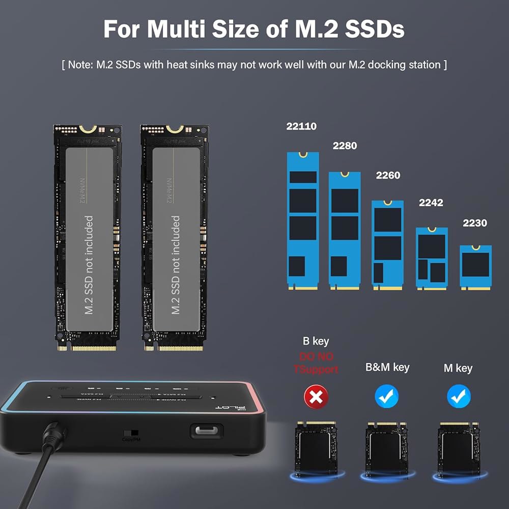 AMZPILOT M.2 복제기 클로너 듀얼 베이 오프라인 USB C to NVME SATA 도킹 스테이션, 리더 20Gbps (M 키, B+M 키) PCIE NGFF 도크, 크기 - 상세 이미지 3