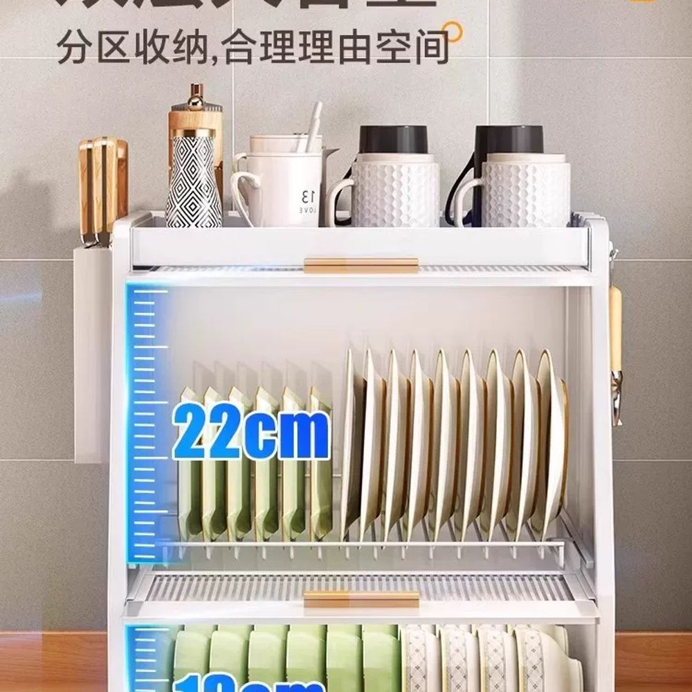 2단 뚜껑있는 식기건조대 선반 그릇 정리 건조대 주방 철제 A. 화이트 이동식 걸이x3 - 상세 이미지 3