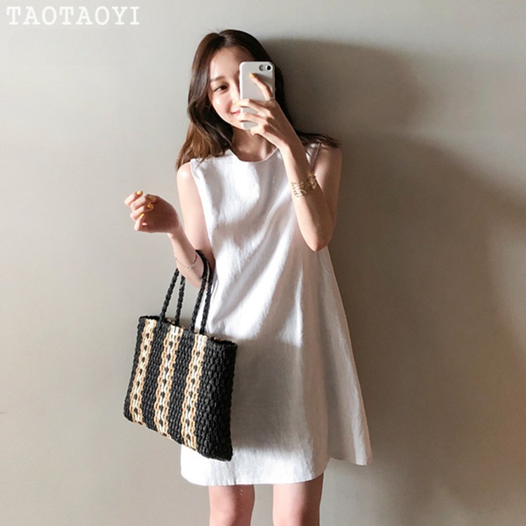 여름 민소매 나시 미니 원피스 린넨원피스 시크 루즈핏 코튼 린넨 베이지 S - 상세 이미지 4