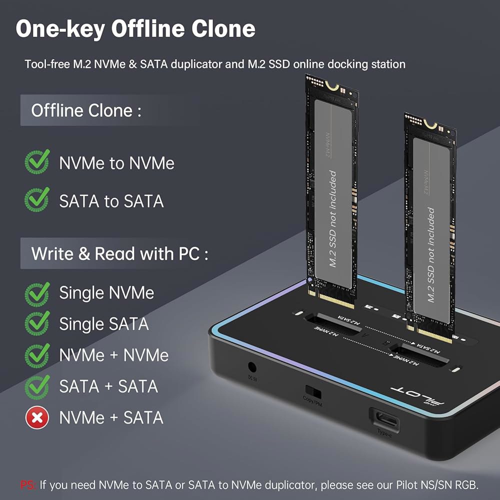 AMZPILOT M.2 복제기 클로너 듀얼 베이 오프라인 USB C to NVME SATA 도킹 스테이션, 리더 20Gbps (M 키, B+M 키) PCIE NGFF 도크, 크기 - 상세 이미지 2
