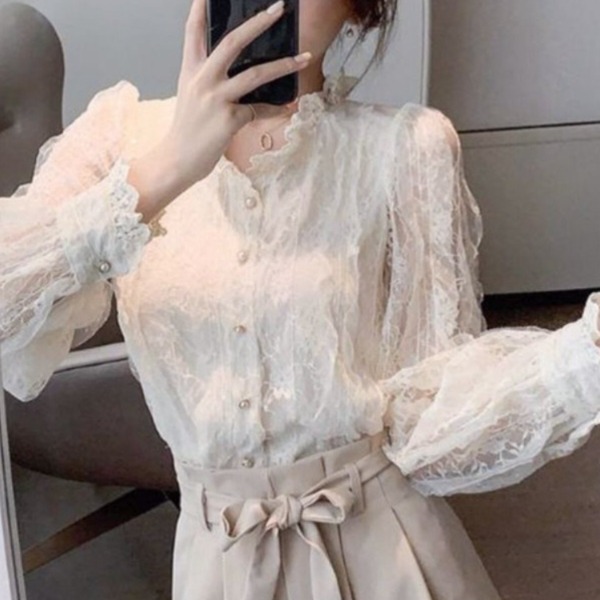 레이스블라우스 쉬폰셔츠 긴팔 시스루 프릴 셔링 럭셔리 여성 긴소매 화이트 2XL - 상세 이미지 4