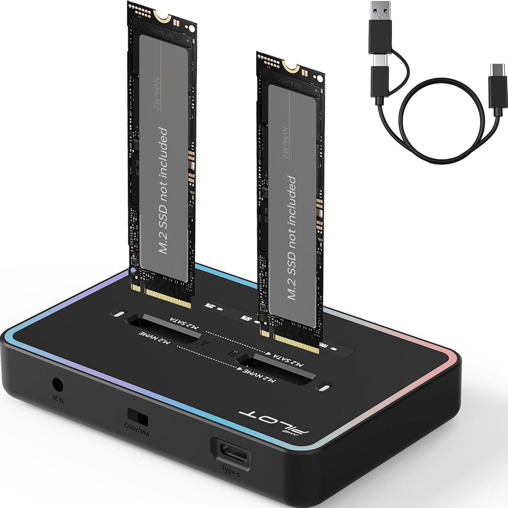 AMZPILOT M.2 복제기 클로너 듀얼 베이 오프라인 USB C to NVME SATA 도킹 스테이션, 리더 20Gbps (M 키, B+M 키) PCIE NGFF 도크, 크기 - 상품 이미지