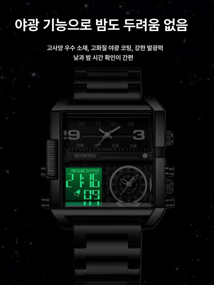 BINBOND 방수 비즈니스 패션 야광 쿼츠 손목시계 블랙 가죽 블랙 스틸 블랙 골드 스터드 - 상세 이미지 3