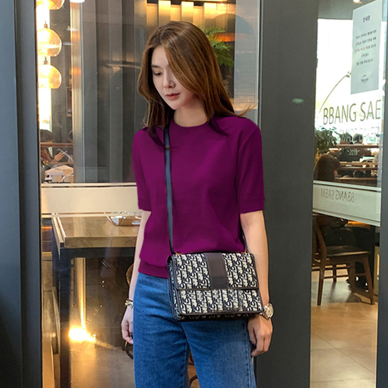 여름 반팔 니트 탑 여성 슬림핏 코발트 블루 데일리룩 라운드넥 미디 S - 상세 이미지 2