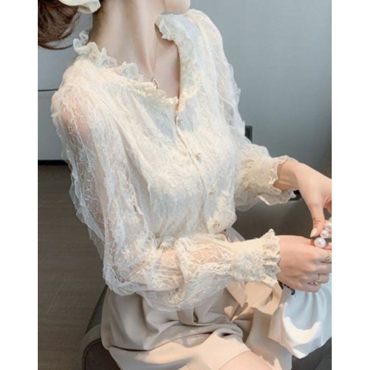 레이스블라우스 쉬폰셔츠 긴팔 시스루 프릴 셔링 럭셔리 여성 긴소매 화이트 2XL - 상세 이미지 3