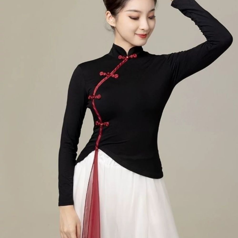 한국무용 치마바지 댄스복 XS 통넓은 블랙 무용복 A. 블랙 긴팔 상의+스카프, A. M - 상세 이미지 2