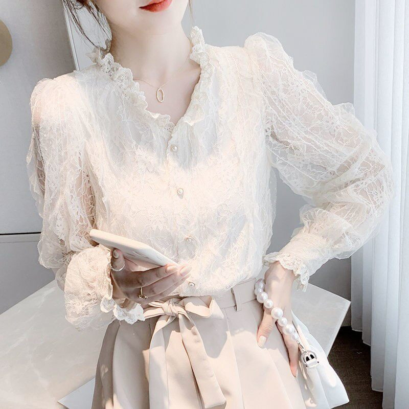 레이스블라우스 쉬폰셔츠 긴팔 시스루 프릴 셔링 럭셔리 여성 긴소매 화이트 2XL - 상품 이미지