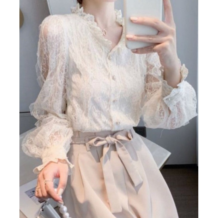 레이스블라우스 쉬폰셔츠 긴팔 시스루 프릴 셔링 럭셔리 여성 긴소매 화이트 2XL - 상세 이미지 2