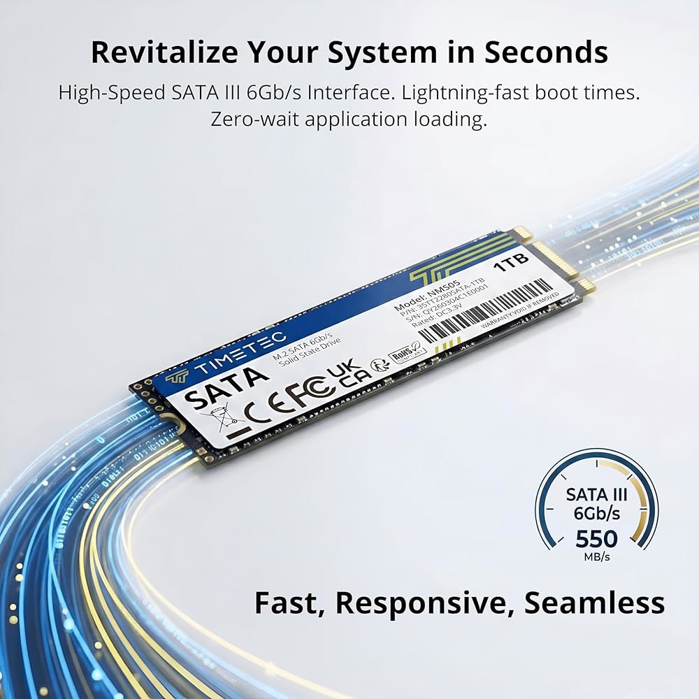 타임텍 1TB SSD 3D NAND SATA III 6Gb /s M.2 2280 NGFF 512TBW 읽기 속도 최대 550MB SLC 캐시 성능 향상 PC 컴퓨터 노트북 및 데스 - 상세 이미지 2