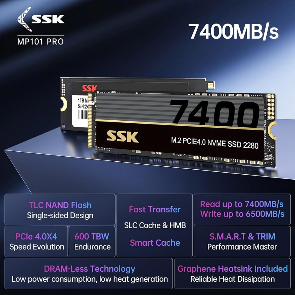 SSK M.2 NVMe SSD 1TB, PCIe Gen 4.0 x 4 2280 카드 최대 7400MB/s, 2.0 내장 게이밍 솔리드 스테이트 드라이브 지원 DRAM 없는 저전력 - 상세 이미지 2