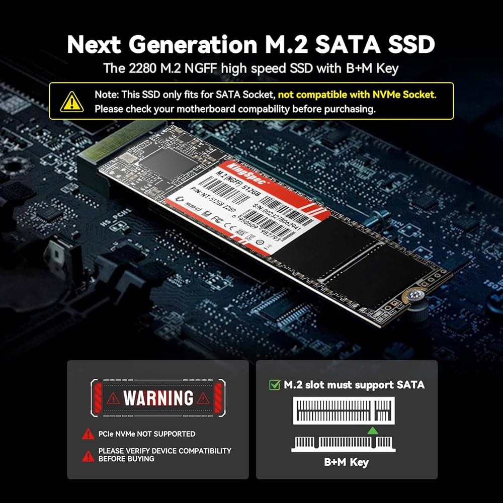 KingSpec 1TB M.2 SATA 2280 SSD, NVMe 슬롯용이 아님, 노트북/데스크탑용 업그레이드, III 6Gb/s, B+M 키, 최대 550MB/s 512GB - 상세 이미지 2