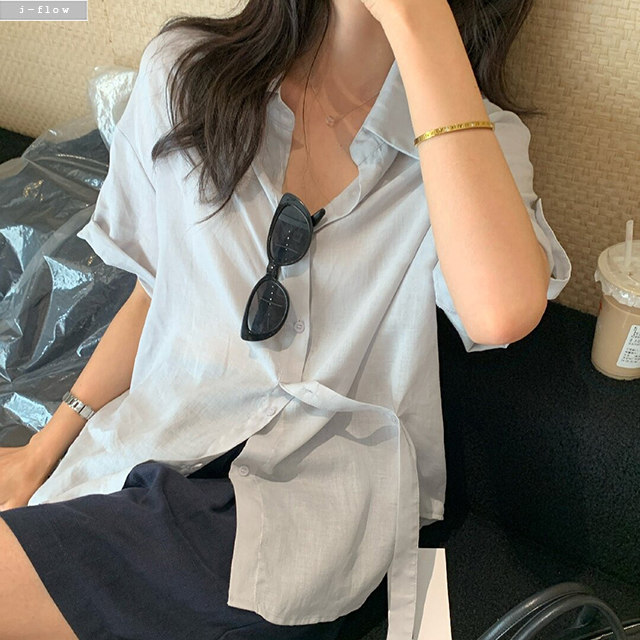 위니 반팔 린넨 롤업 오버핏 얇은 하프 셔츠 3col 여름 허리 라인버튼 코튼 제이플로우 - 상세 이미지 4
