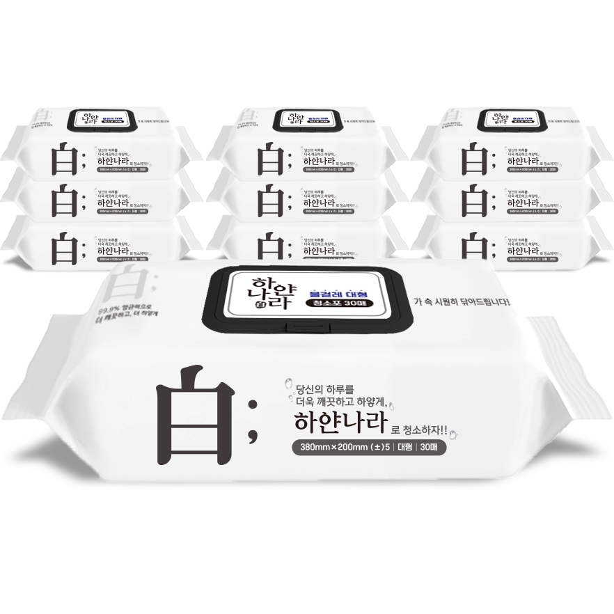 하얀나라 물걸레 밀대걸레 청소포 대형 양방향엠보 청소물티슈 65g 캡형 30매 10팩