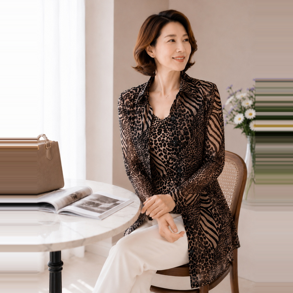마담드레드 여성 여름 레오파드 호피 중년 체형커버 시스루 셔츠형 블라우스 남방 - 상세 이미지 2