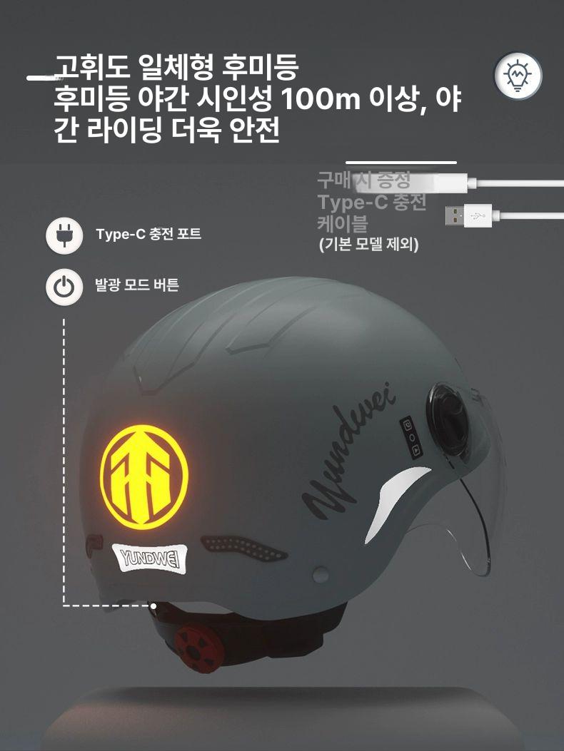 블루투스 헬멧 오토바이 반모 하이바 헤드셋 핸즈프리 인터폰 [BT+테일라이트] 사계절 그래파이트블랙 S - 상세 이미지 3