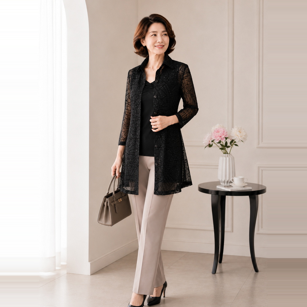 마담드레드 여성 여름 웨이브 패턴 8부셔츠 블라우스 체형커버 엄마옷 남방 - 상세 이미지 4