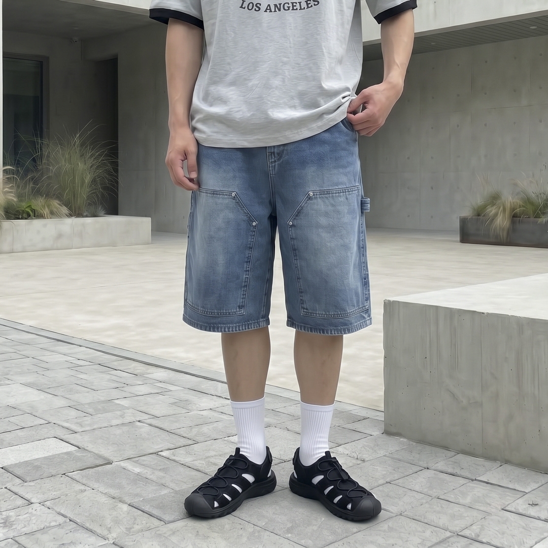 남자 데님 버뮤다팬츠 퍼티그 카펜터 와이드 청반바지 5color - 상세 이미지 5