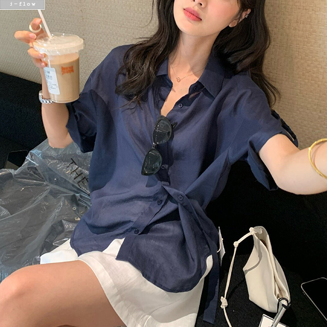 위니 반팔 린넨 롤업 오버핏 얇은 하프 셔츠 3col 여름 허리 라인버튼 코튼 제이플로우 - 상세 이미지 3