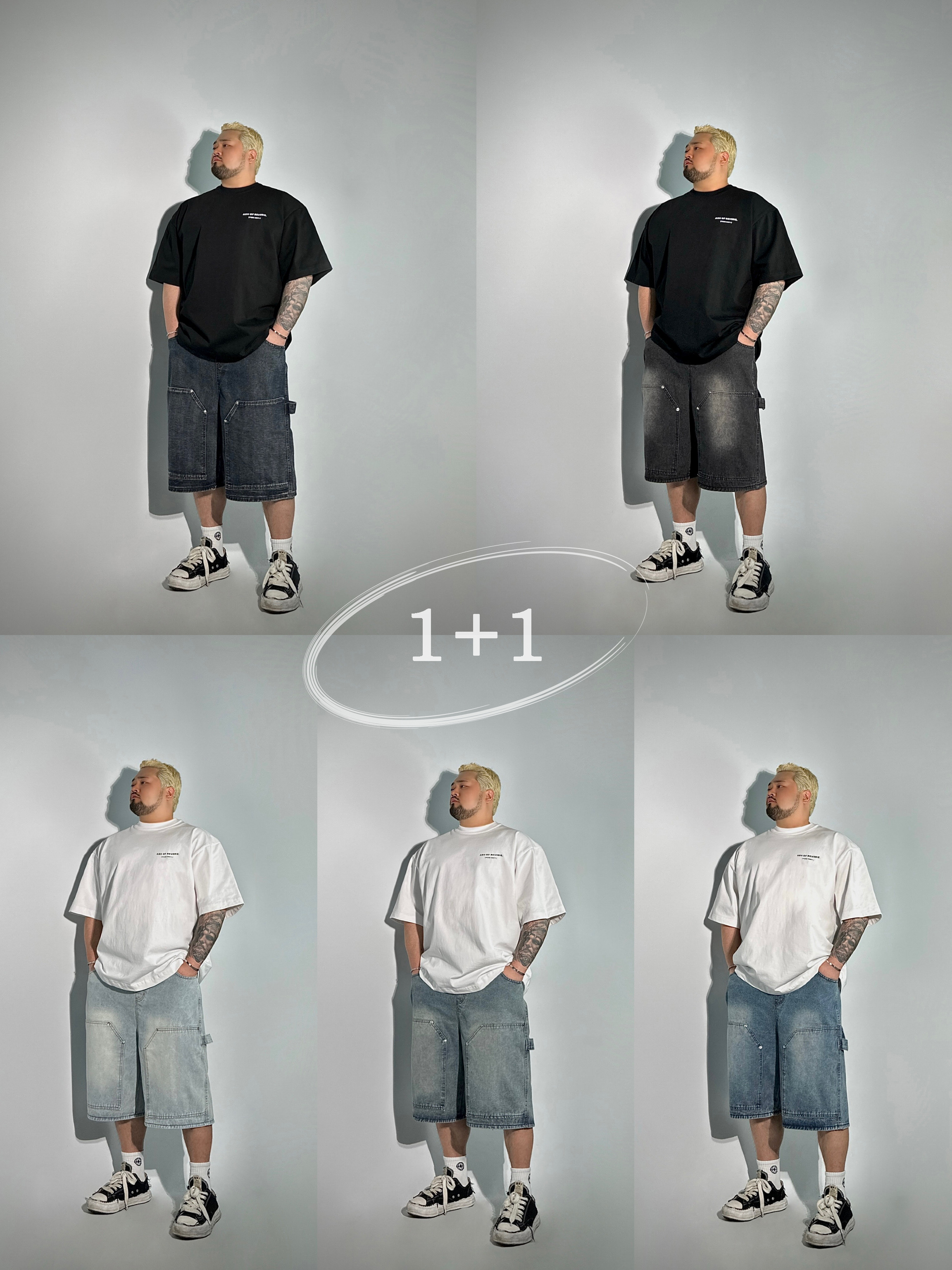 1+1 워크 데님 버뮤다 하프 팬츠 5COLOR 빅사이즈 밴딩 청반바지 오버핏 에이오알닷 - 상품 이미지