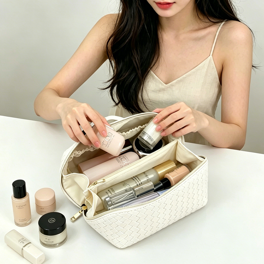 휴대용 화장품 파우치 가죽 여행 출장 메이크업 뷰티 수납 가방 방수 화이트 - 상품 이미지