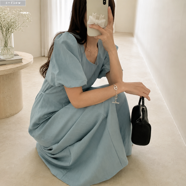 실로 스퀘어넥 퍼프 허리끈 라인 맥시 롱 원피스 3col 여름 A라인 코튼 제이플로우 - 상품 이미지
