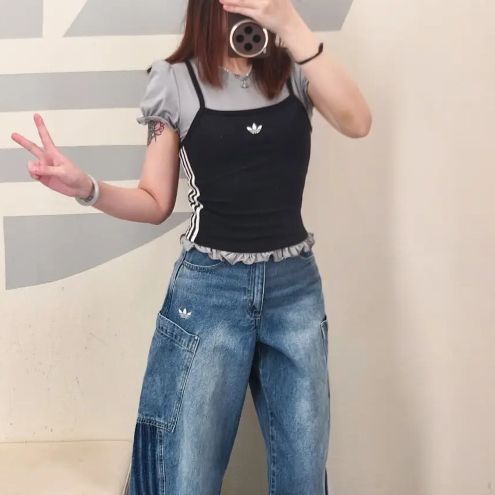 아디다스 오리지널 슬림 퍼프 반팔 티셔츠 우먼스 그레이 블랙 KY3299 이미지 6