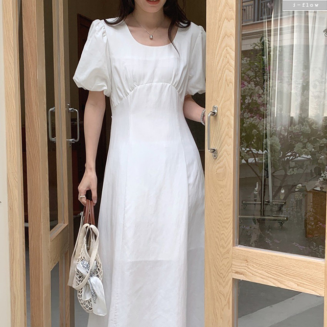 실로 스퀘어넥 퍼프 허리끈 라인 맥시 롱 원피스 3col 여름 A라인 코튼 제이플로우 - 상세 이미지 3