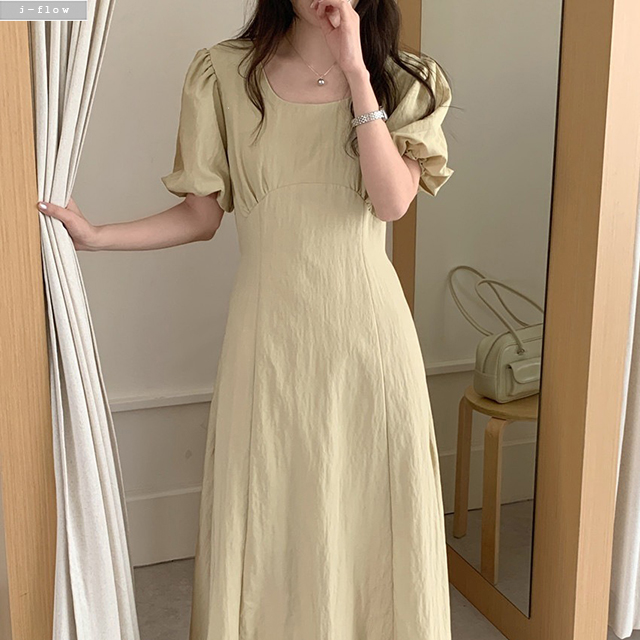 실로 스퀘어넥 퍼프 허리끈 라인 맥시 롱 원피스 3col 여름 A라인 코튼 제이플로우 - 상세 이미지 5
