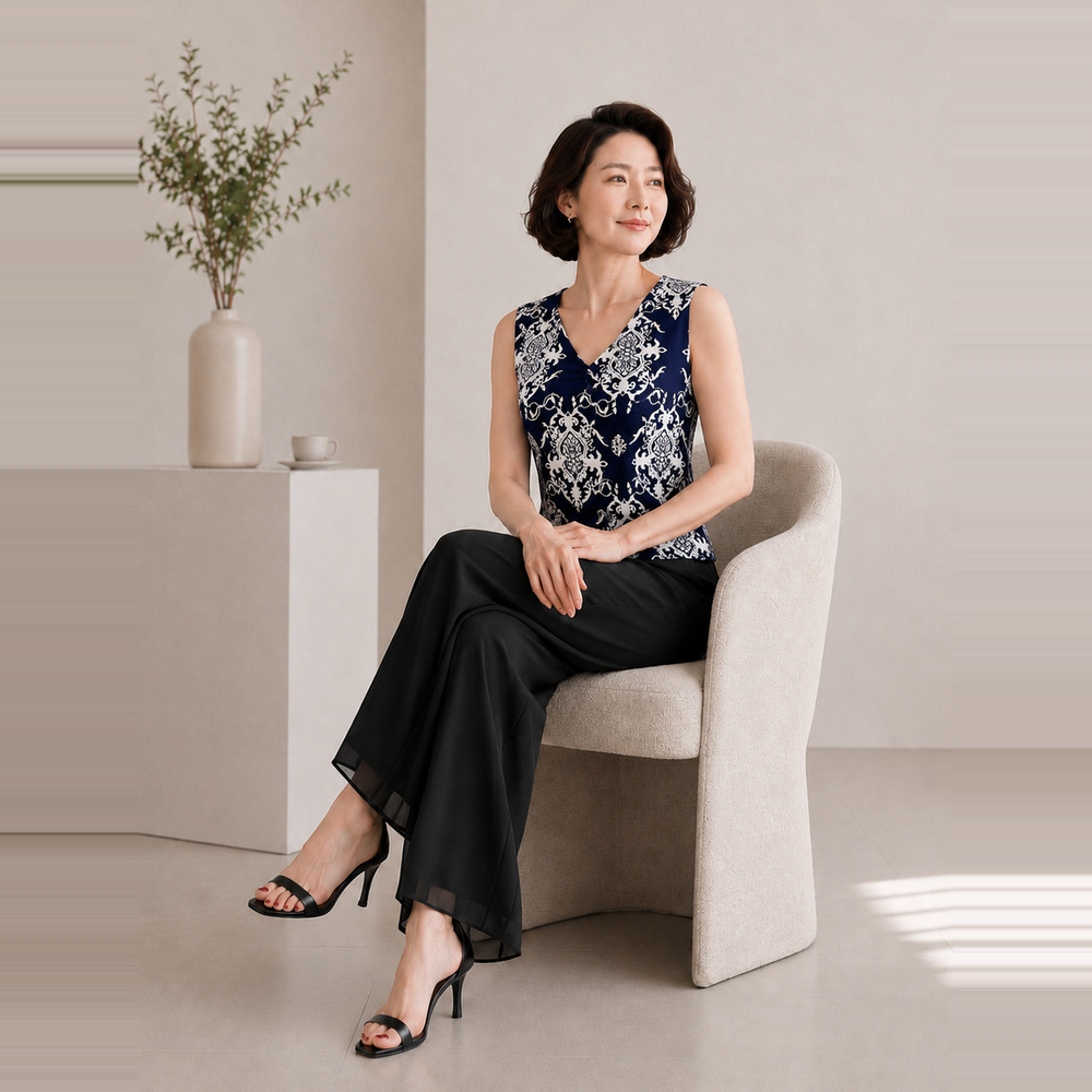 마담드레드 여성 여름 아이스 쉬폰 뒷밴딩 통바지 와이드 팬츠 중년 엄마옷 체형커버 - 상세 이미지 2