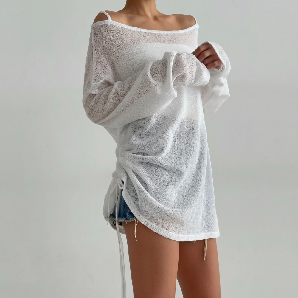 포머 시스루티 여성 여름 긴팔 슬럽 린넨 커버업 루즈핏 스트링 오프숄더 살안타템 레이어드 - 상세 이미지 4