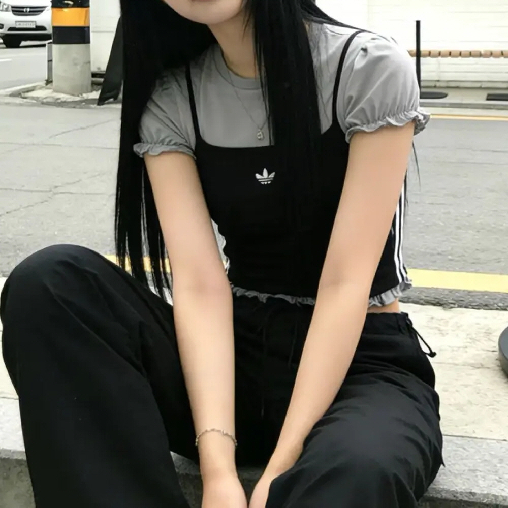 아디다스 오리지널 슬림 퍼프 반팔 티셔츠 우먼스 그레이 블랙 KY3299 - 상세 이미지 2