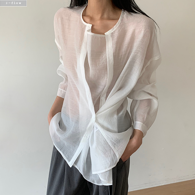 로이반 오버핏 레이어드 사이드 버튼 셔츠 3col 여름 시스루 노카라 라운드 제이플로우 - 상품 이미지