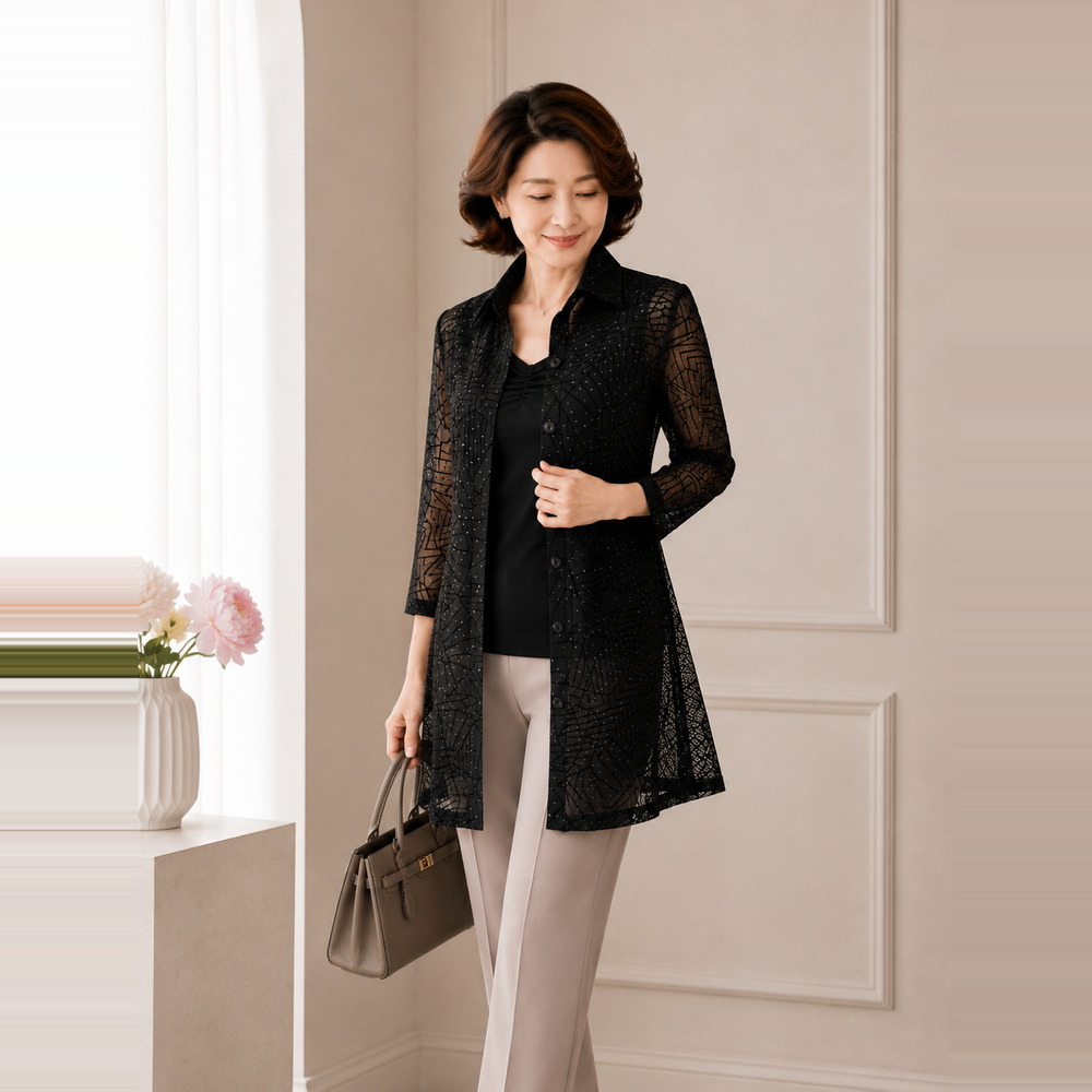 마담드레드 여성 여름 웨이브 패턴 8부셔츠 블라우스 체형커버 엄마옷 남방 - 상세 이미지 3