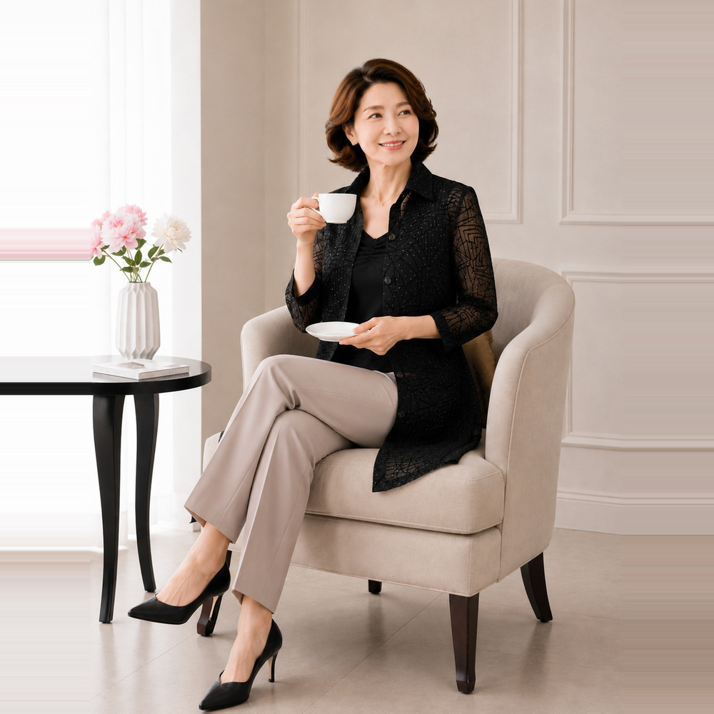 마담드레드 여성 여름 웨이브 패턴 8부셔츠 블라우스 체형커버 엄마옷 남방 - 상세 이미지 2