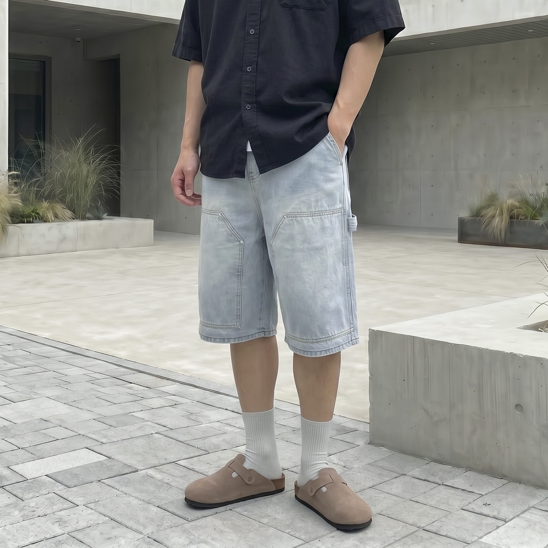 남자 데님 버뮤다팬츠 퍼티그 카펜터 와이드 청반바지 5color - 상세 이미지 3