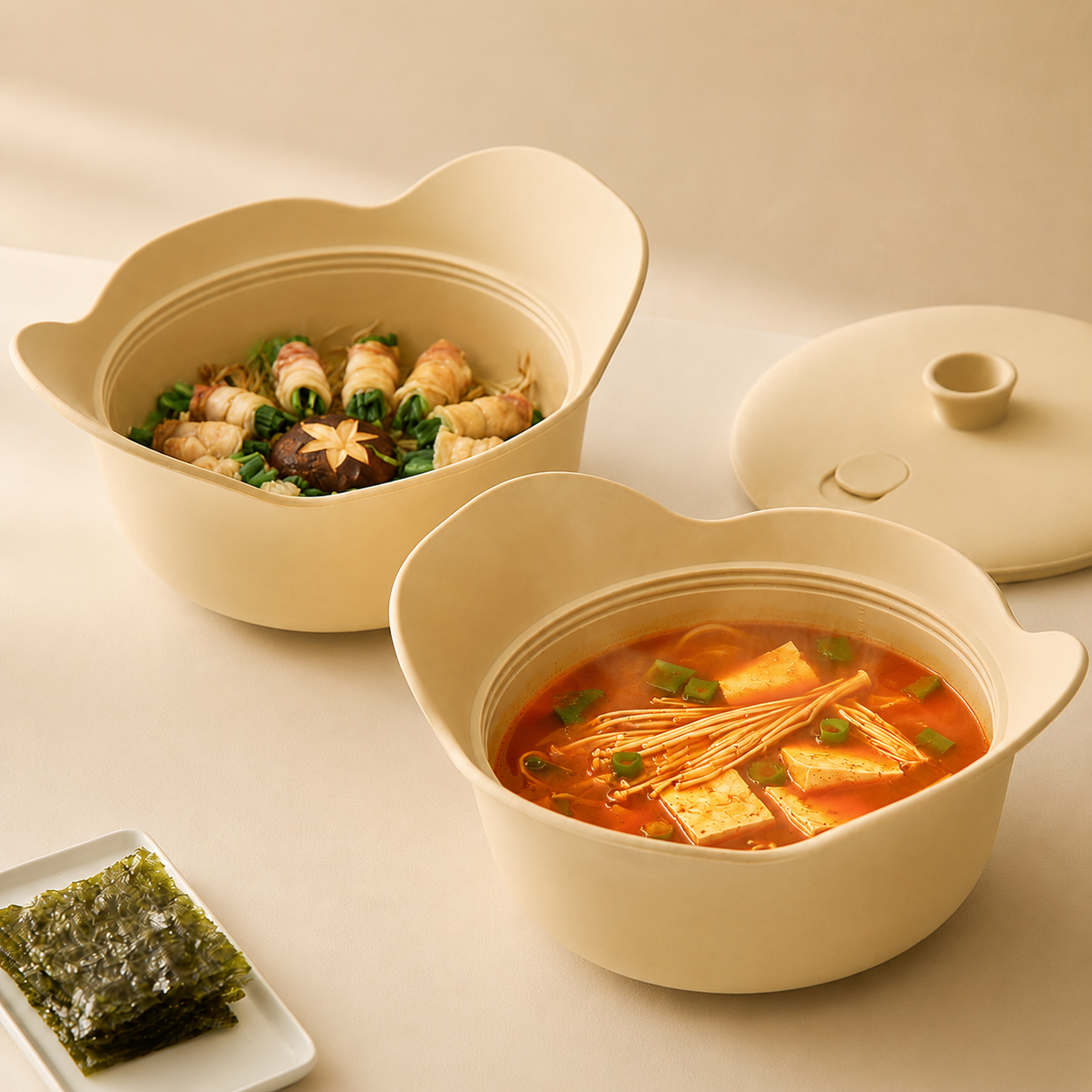 실리프랑 촉촉 전자레인지 실리콘 멀티찜기 이중밀폐 보관 냄비 버터베이지 2P - 상품 이미지