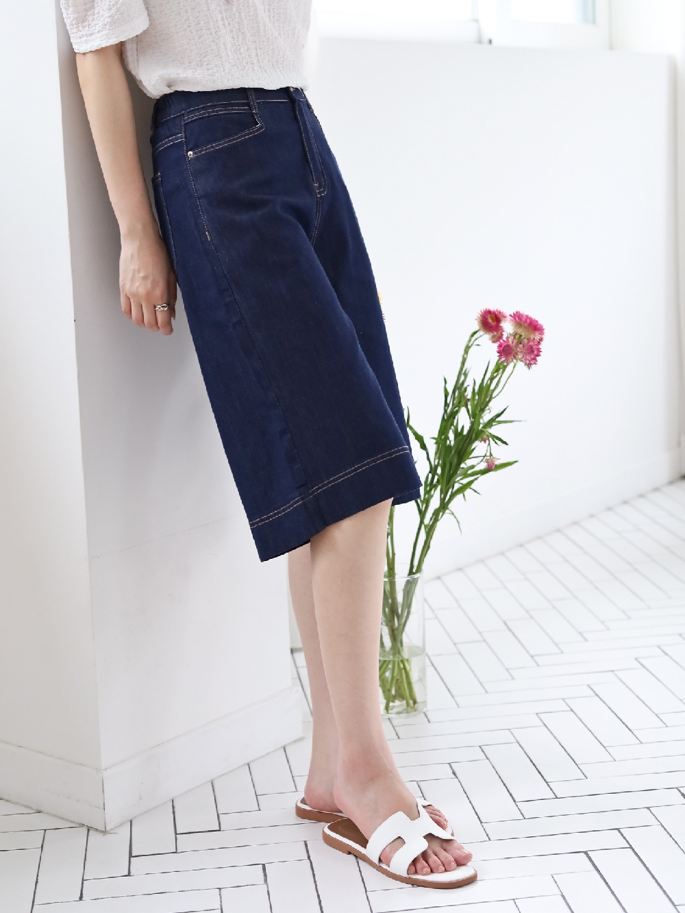 버뮤다 청반바지 데님반바지 생지데님 진청 뒷밴딩 와이드 청바지 이미지 7