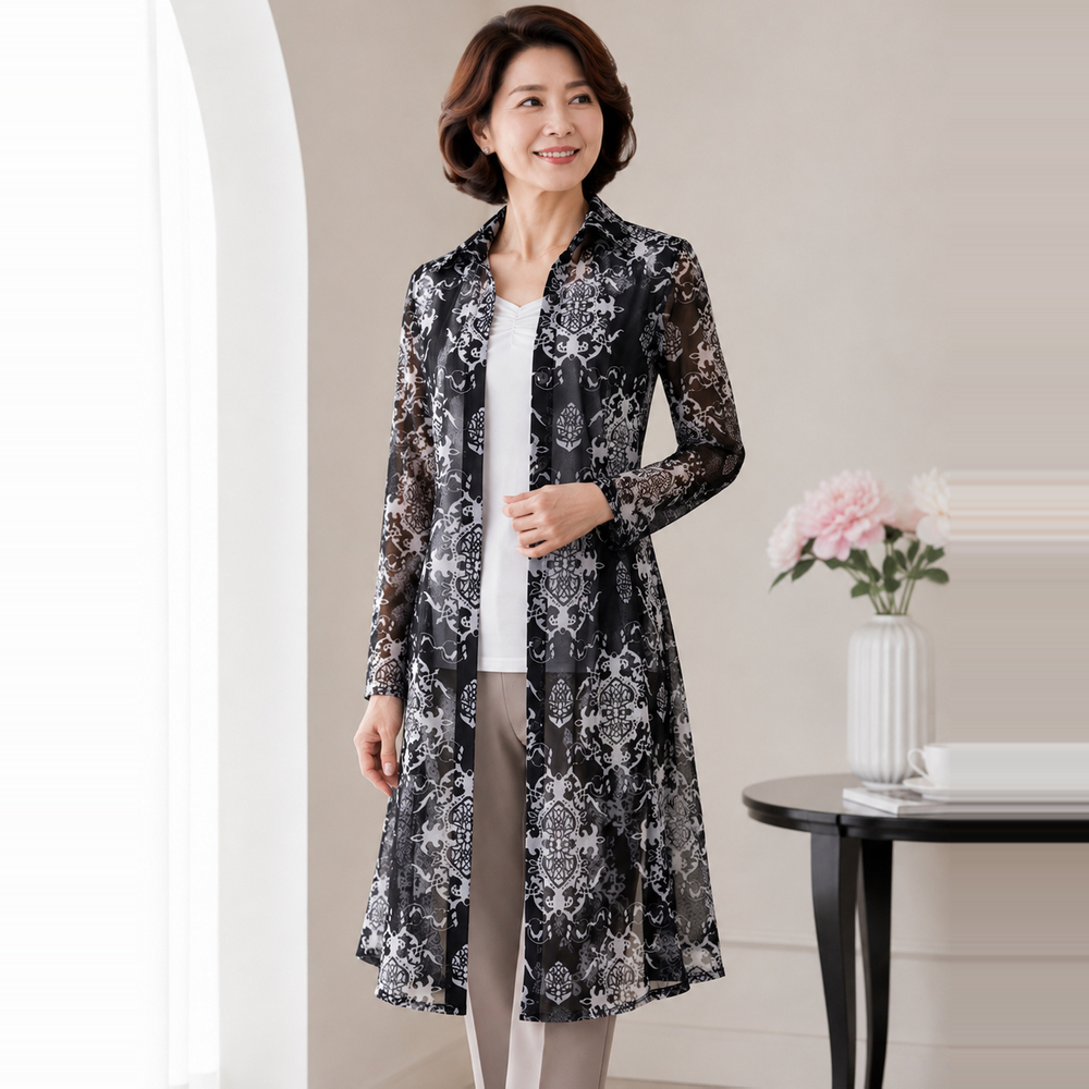 마담드레드 여성 바로크 엄마옷 시스루 셔츠형 여름 롱블라우스 중년 체형커버 - 상세 이미지 2