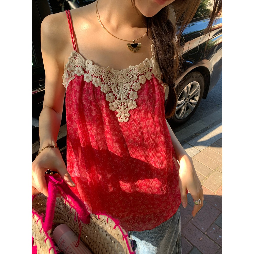 꽃패턴 레이스 나시캐미솔블라우스 언발란스끈 루즈핏 여름 시원시폰소재 주름 디자인 핑크레드 - 상세 이미지 3