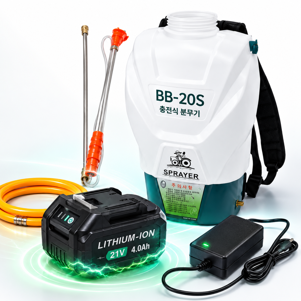 팜앤툴스 BB-20S 20L 21V 충전식 농약분무기 살포기 마끼다호환 배터리 장대노즐포함 - 상품 이미지