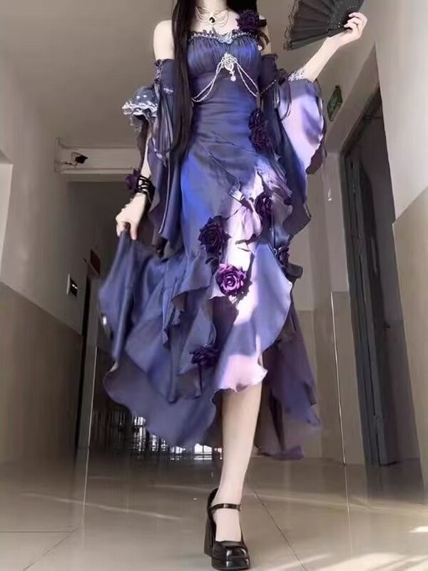 공주풍 슬립 이브닝드레스 장미 장식 오프숄더 비대칭 프릴 머메이드 아이보리 핑크 봄 여름 롱원피스 - 상세 이미지 5